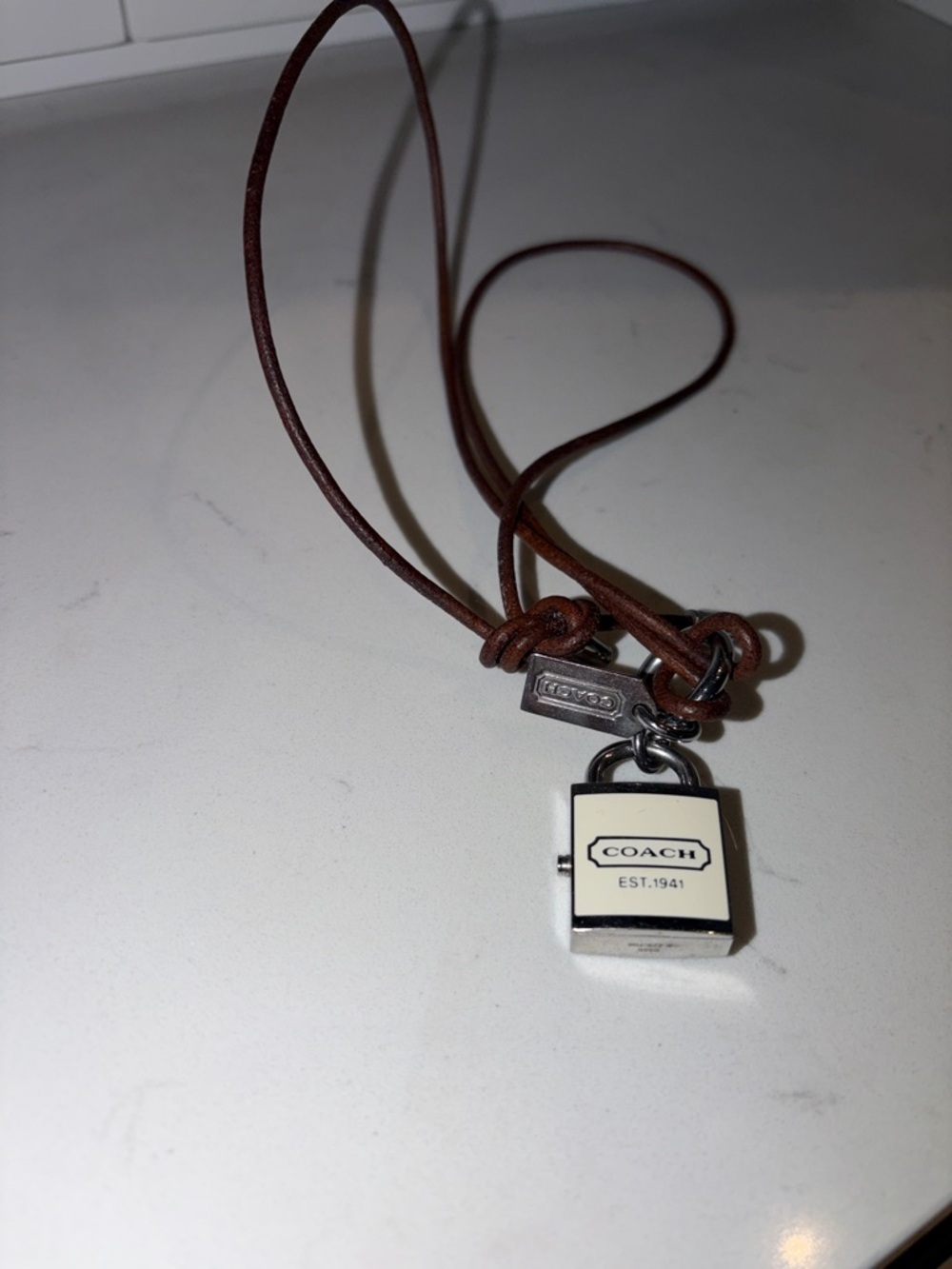 RARE / Vintage Coach Brown Leather Cord Necklace Watch with Silver Padlock